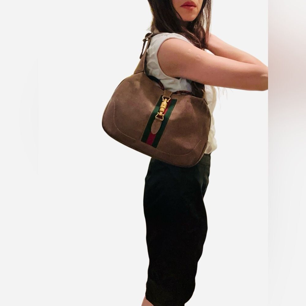 Gucci Jackie Tan Suede Hobo Bag with Green and Red Stripe piston lock - Picture 16 of 16